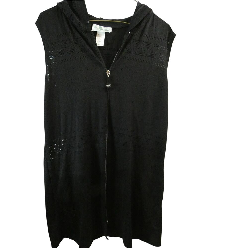 Coconut Row Palm Beach Women's Large Bathing Suit Cover Up Black Zip Hooded